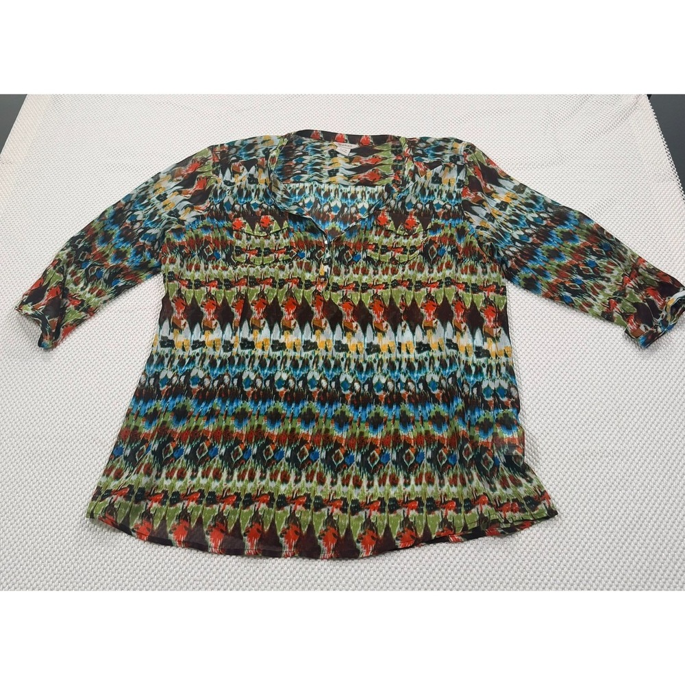 Ariat Women's Size XL Multicolored Ikat Geometric Sheer Chiffon Blouse Top